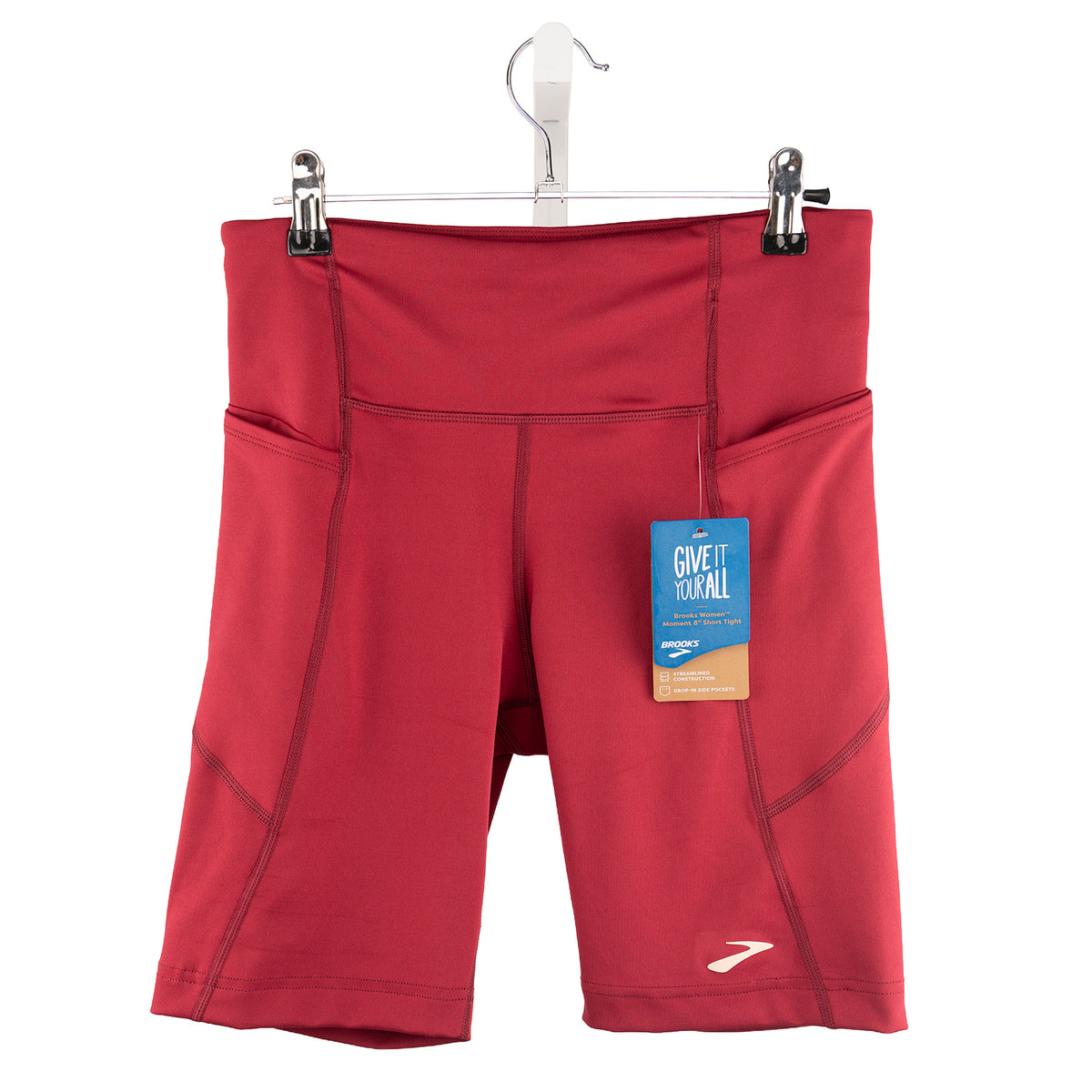 Brooks Moment 8-inch women's short tight in Razzmatazz - front view