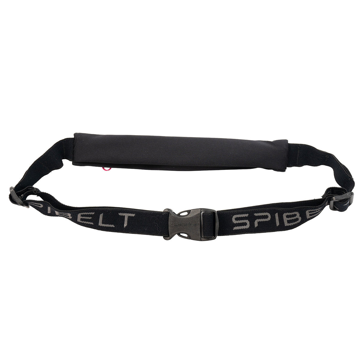The Original SPIbelt Running Belt in black with hot-pink zipper — back and buckle