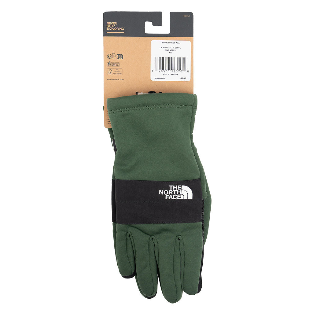 The North Face Men's Sierra Etip Gloves in Pine Needle, size XXL — back and physical UPC label