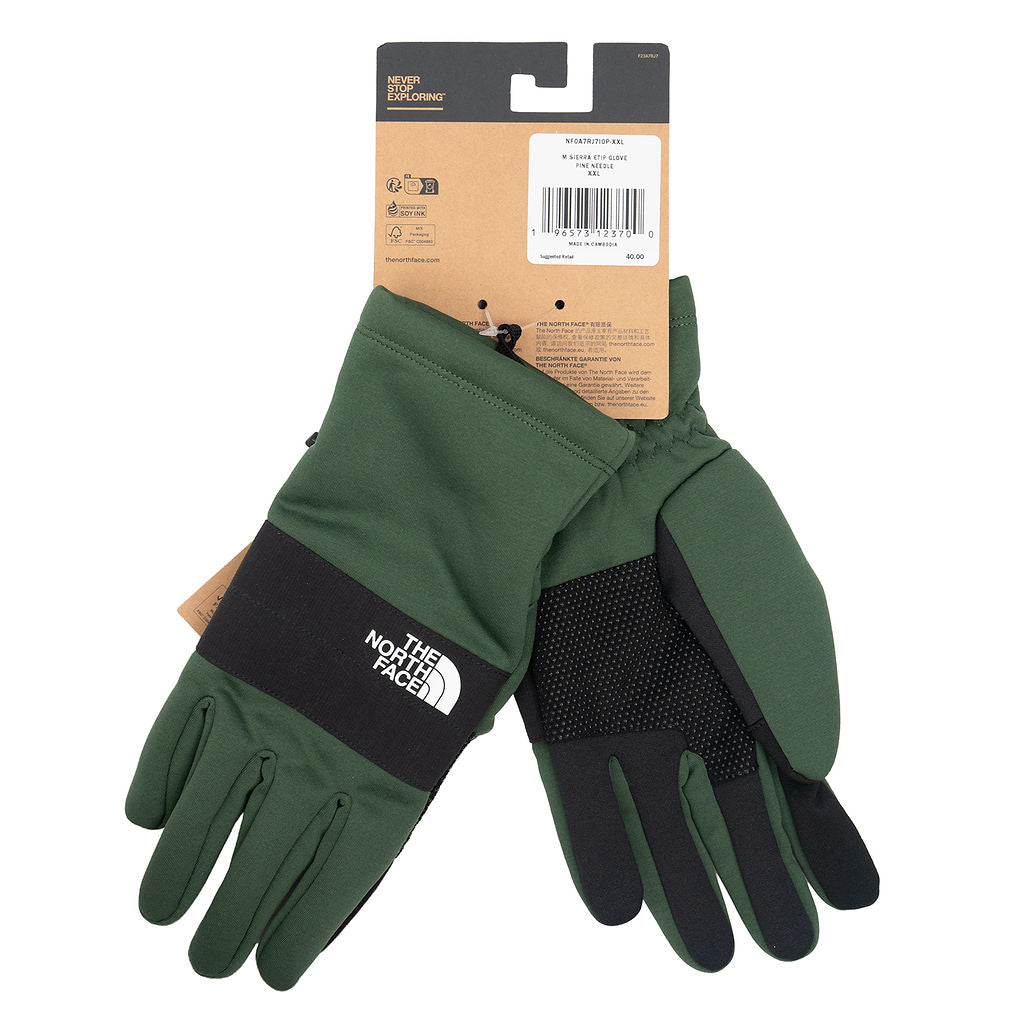 The North Face Men's Sierra Etip Gloves in Pine Needle, size XXL — pair and physical label