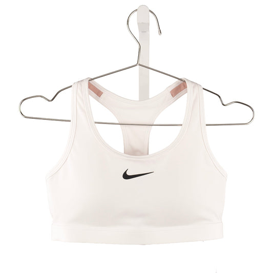 Nike Swoosh medium-support padded sports bra in White/Stone Mauve/Black - front view